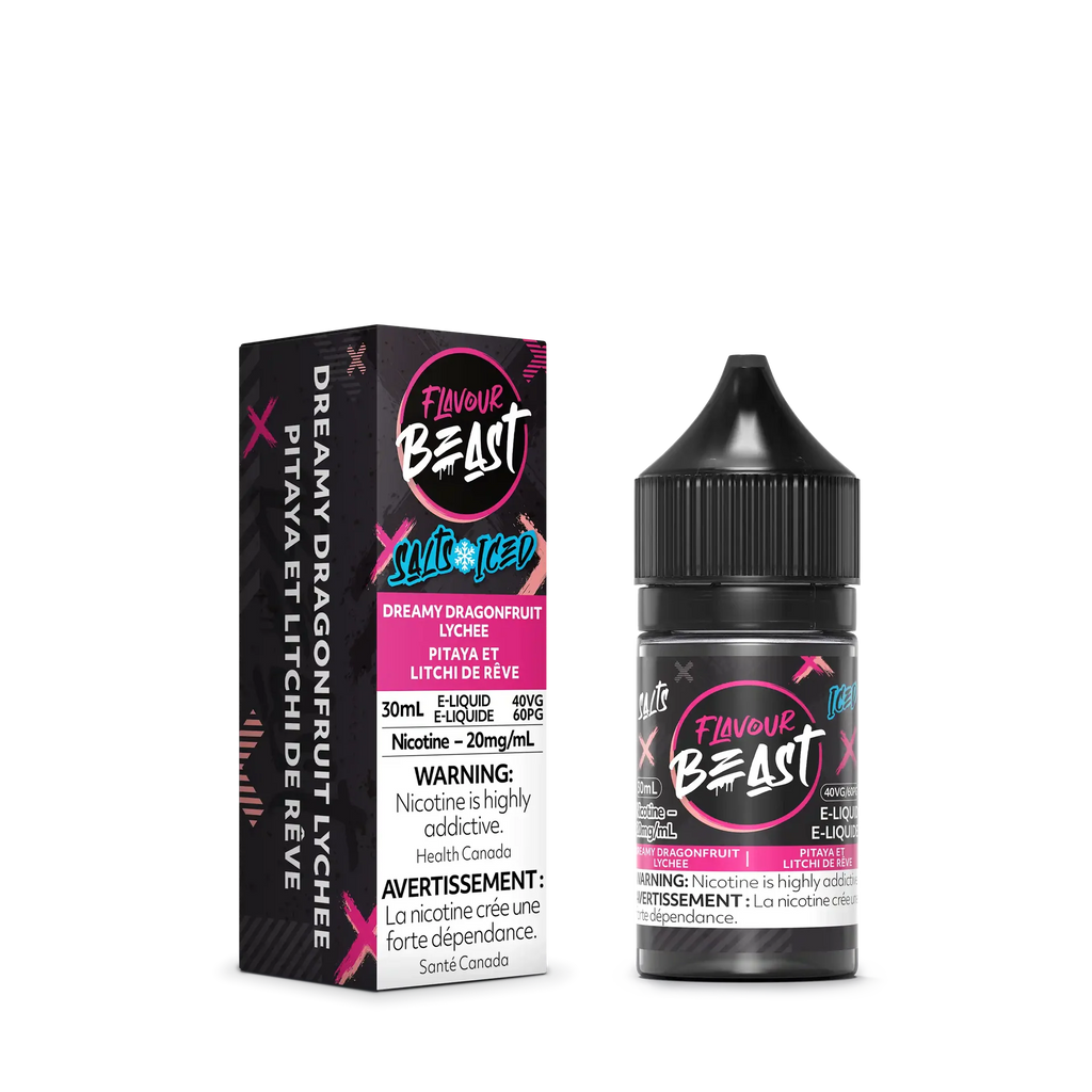 Flavour Beast Salt Dreamy Dragonfruit Lychee Iced 30mL e-liquid bottle and matching black box with pink accents.