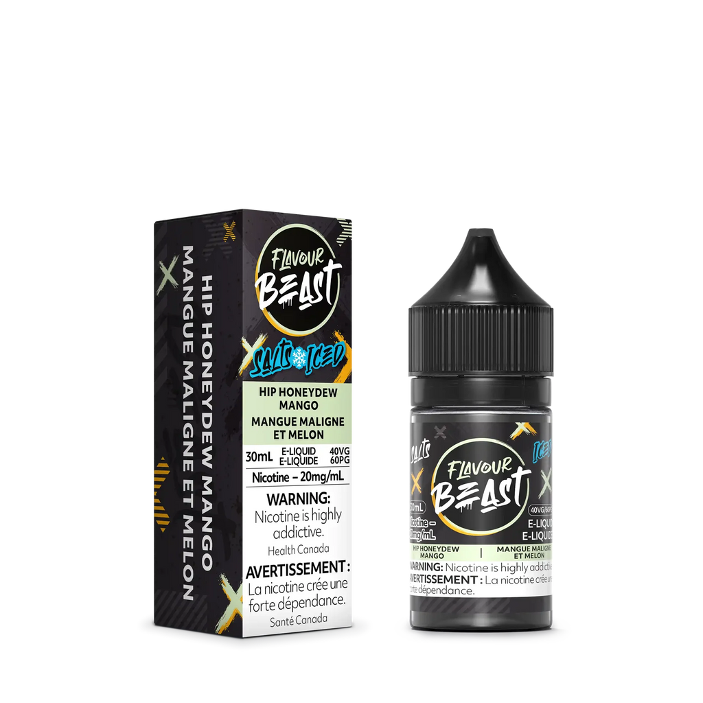 Flavour Beast Salt Hip Honeydew Mango Iced e-liquid bottle and box, black with green and yellow accents.
