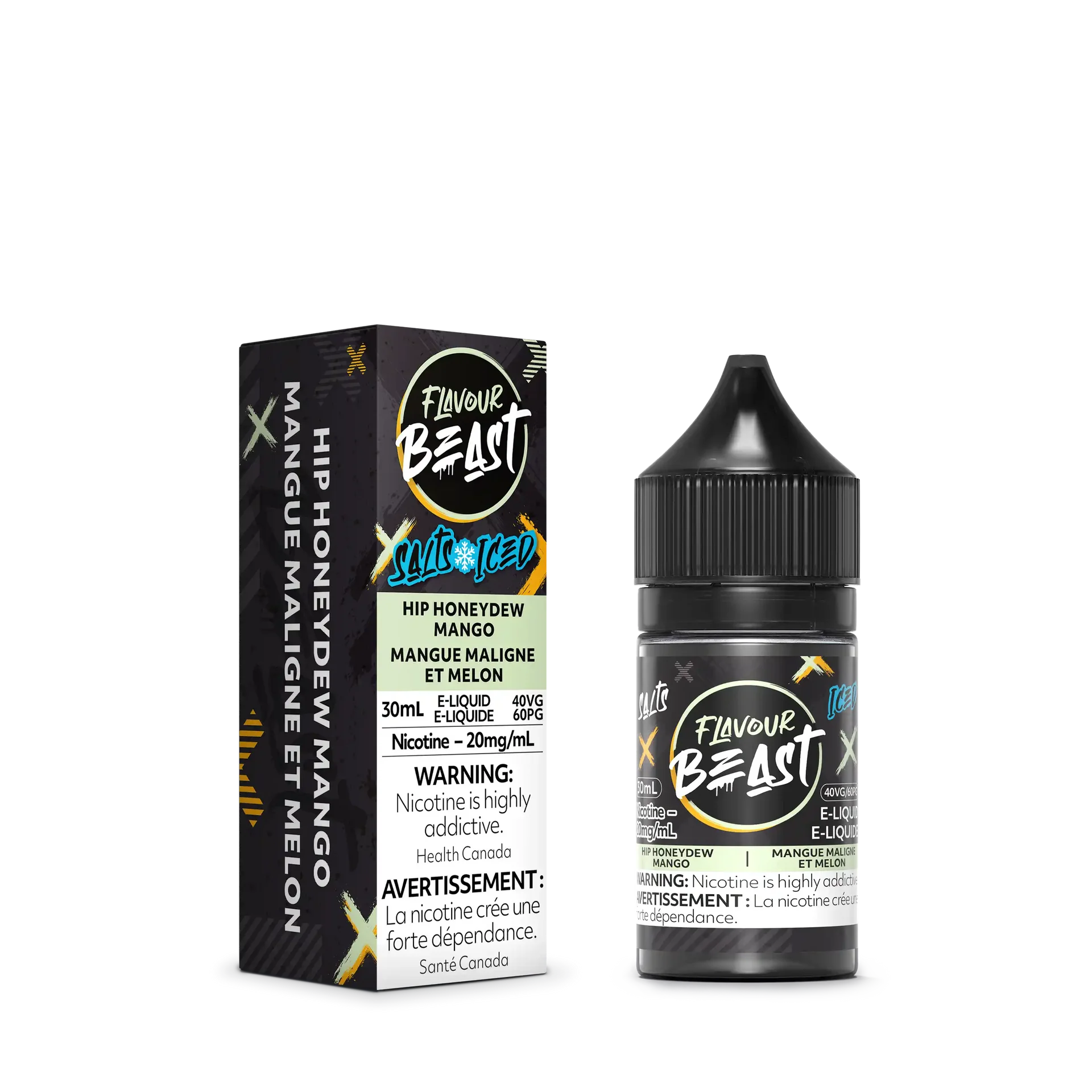 Flavour Beast Salt Hip Honeydew Mango Iced e-liquid bottle and box, black with green and yellow accents.