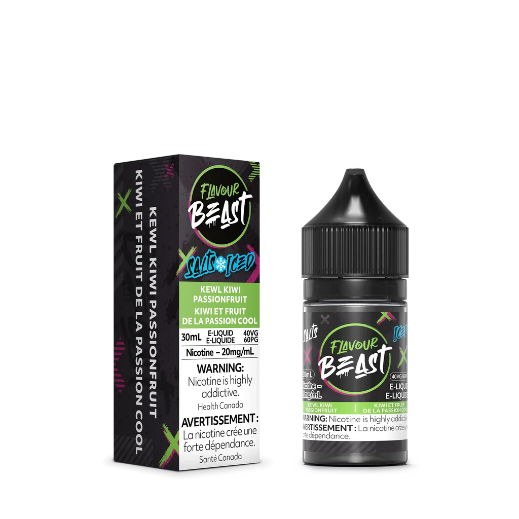 Flavour Beast Salt Kewl Kiwi Passionfruit Iced 30ml bottle and black box with green and purple accents.