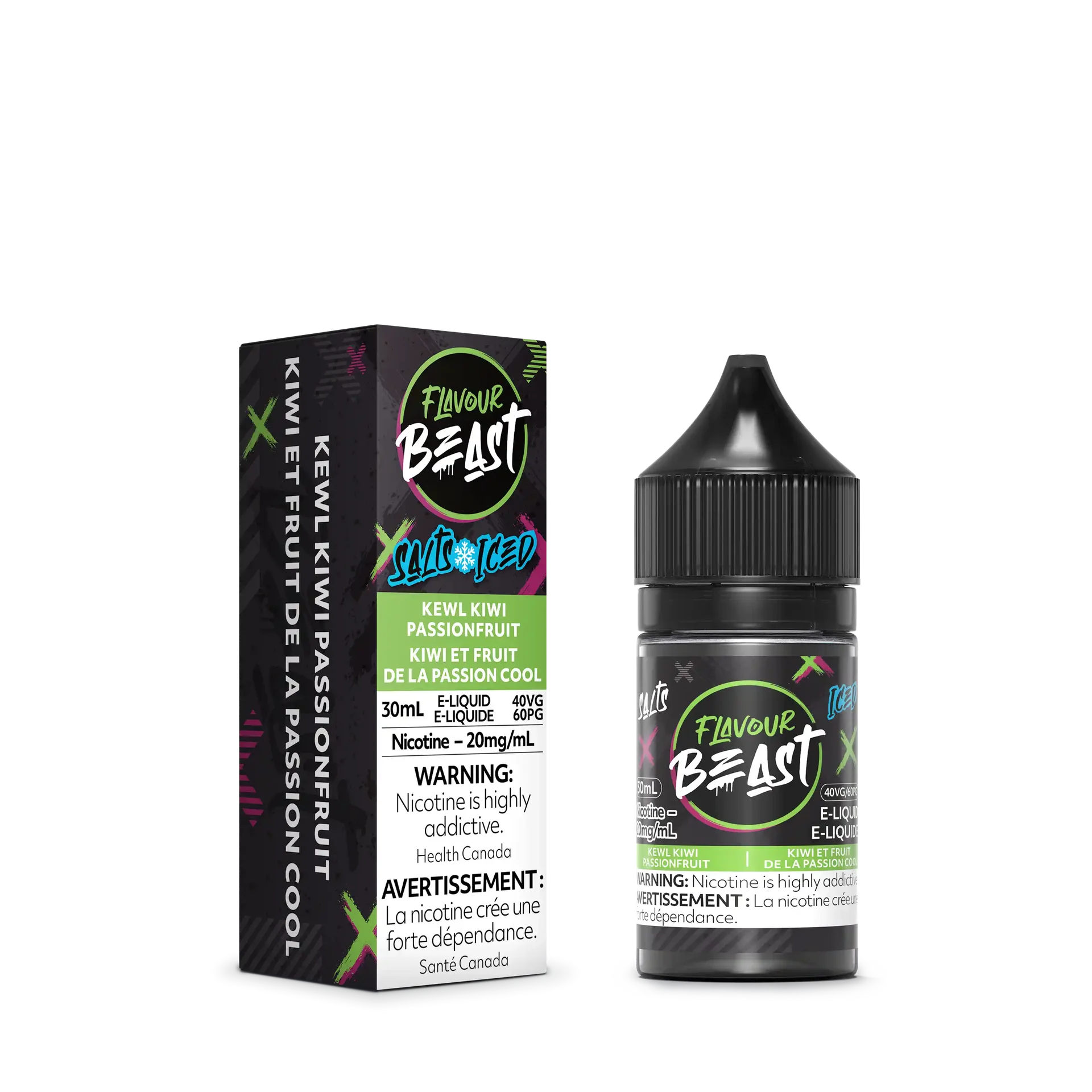 Flavour Beast Salt Kewl Kiwi Passionfruit Iced 30ml bottle and black box with green and purple accents.