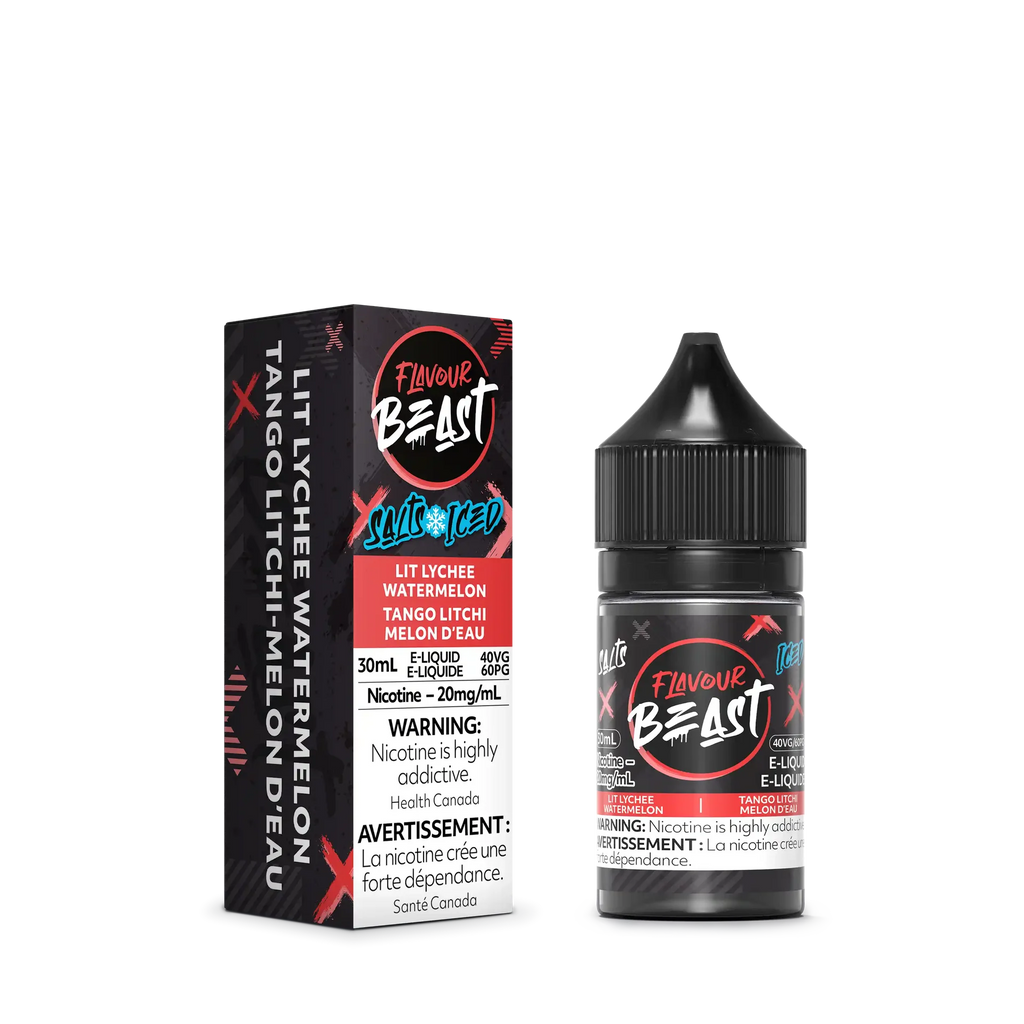 Flavour Beast Salt Lit Lychee Watermelon Iced e-liquid, 30mL black bottle and red/black box.