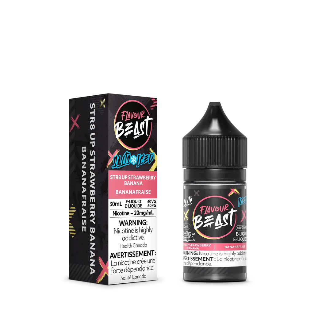 STR8 Up Strawberry Banana Iced Flavour Beast Salt e-liquid bottle and black box with pink accents.
