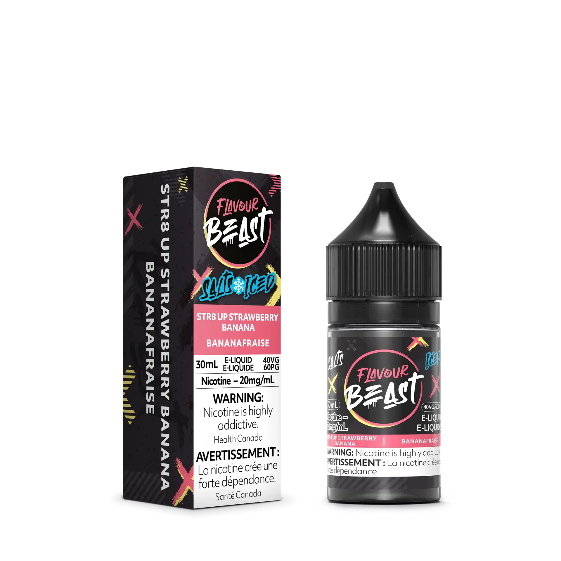 STR8 Up Strawberry Banana Iced Flavour Beast Salt e-liquid bottle and black box with pink accents.