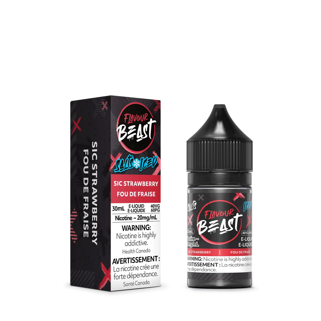 Flavour Beast Salt Sic Strawberry Iced 30mL e-liquid bottle and matching black and red box.