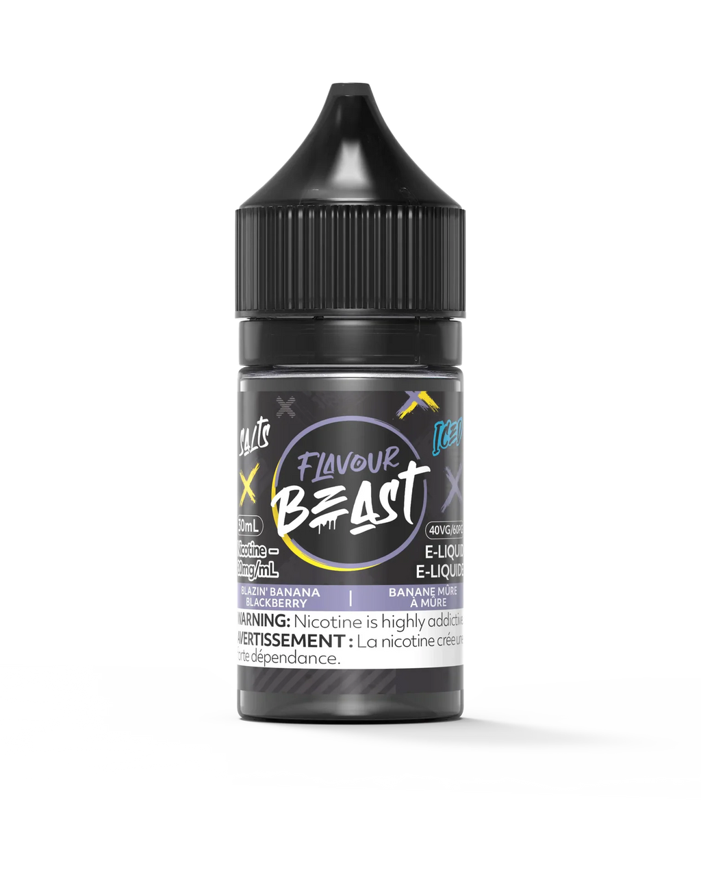 Flavour Beast Salt Blazin' Banana Blackberry Iced 30mL e-liquid bottle with black cap and purple label.