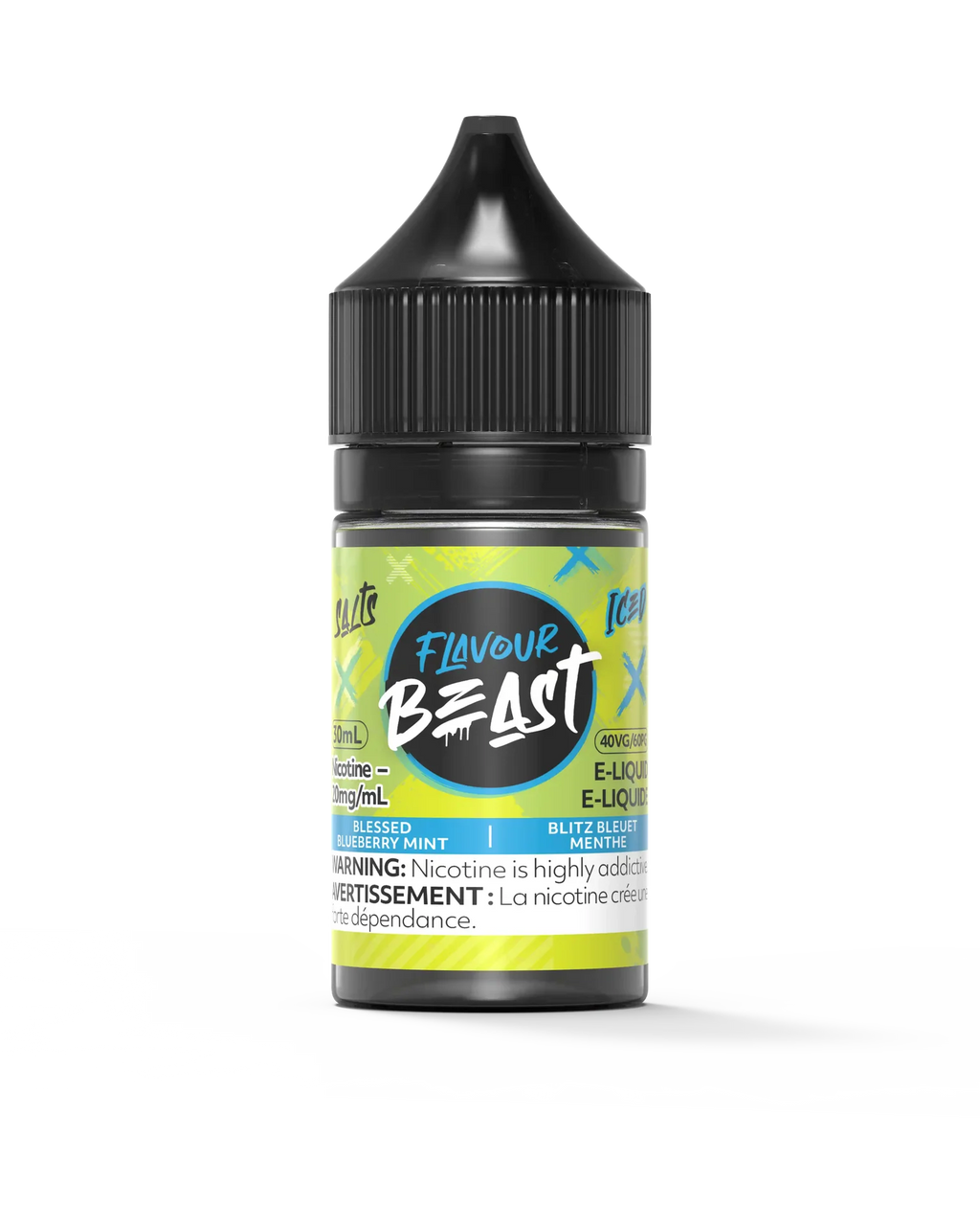 Flavour Beast Salt Blessed Blueberry Mint Iced e-liquid bottle, 30mL, with black cap and neon green label.