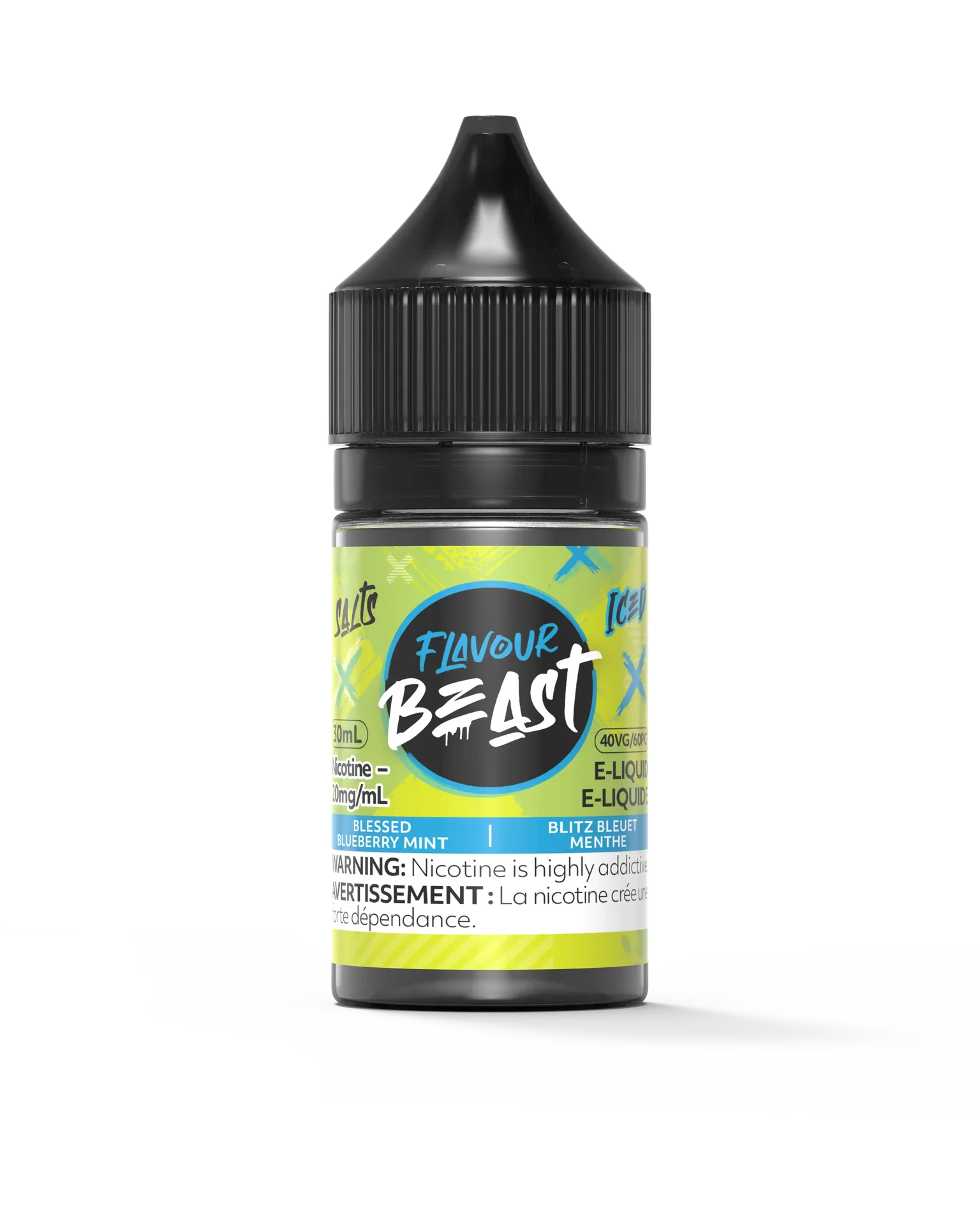 Flavour Beast Salt Blessed Blueberry Mint Iced e-liquid bottle, 30mL, with black cap and neon green label.