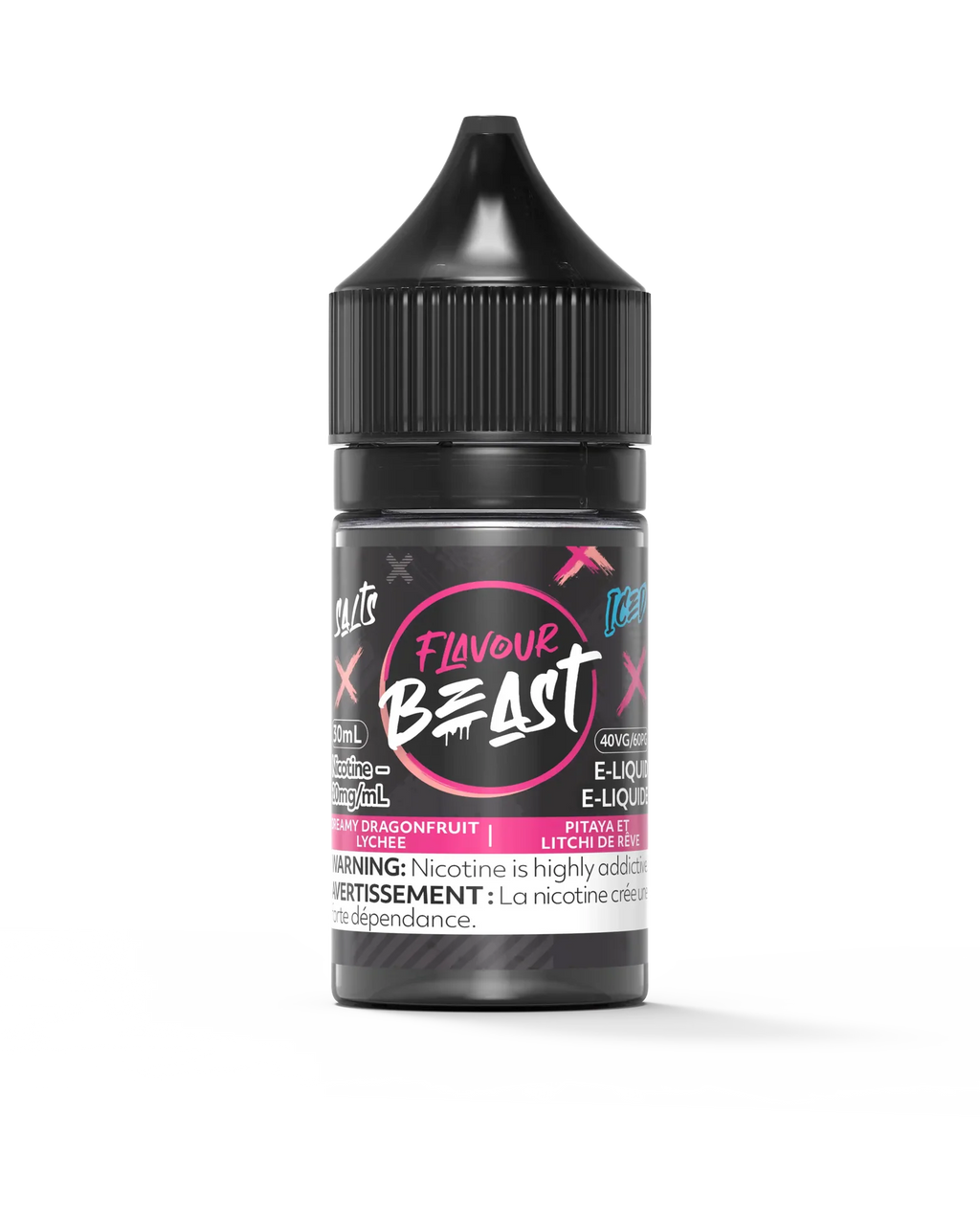 Flavour Beast Salt Dreamy Dragonfruit Lychee Iced 30mL e-liquid bottle with black cap and pink label.