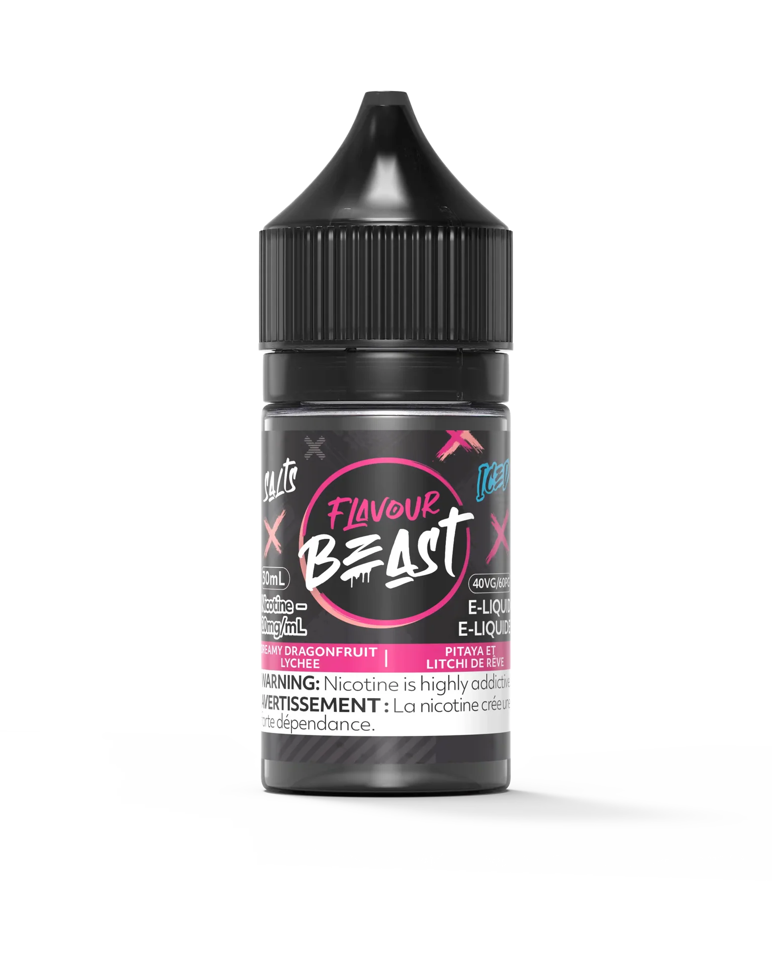 Flavour Beast Salt Dreamy Dragonfruit Lychee Iced 30mL e-liquid bottle with black cap and pink label.