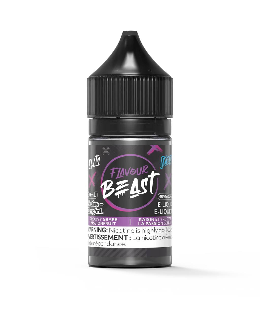 Flavour Beast Salt Groovy Grape Passionfruit Iced 30mL e-liquid bottle with black cap and purple label.