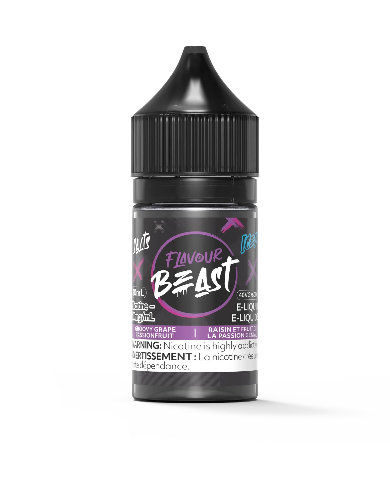 Flavour Beast Salt Groovy Grape Passionfruit Iced 30mL e-liquid bottle with black cap and purple label.