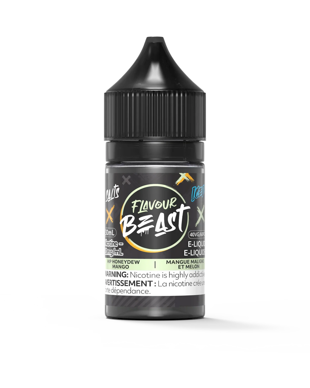 Flavour Beast Salt Hip Honeydew Mango Iced 30mL e-liquid bottle with black cap and white label.