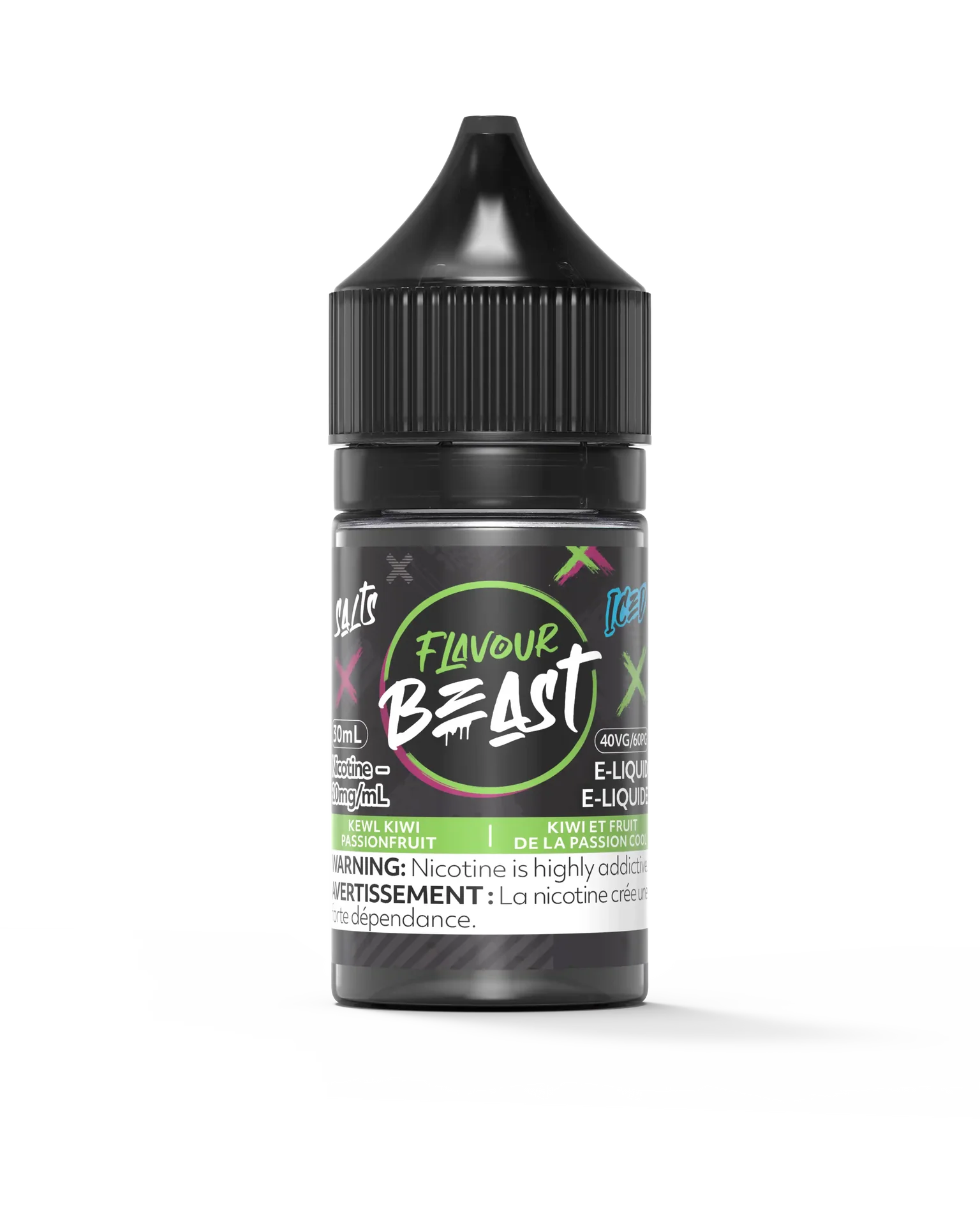 Flavour Beast Salt Kewl Kiwi Passionfruit Iced 30ml e-liquid bottle with black cap and vibrant green label.