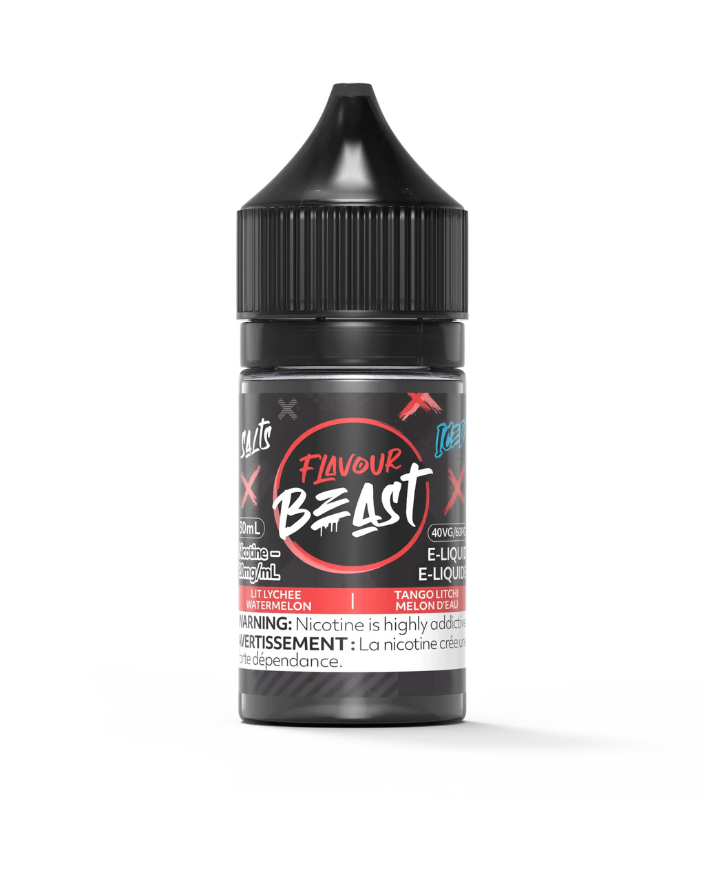 Flavour Beast Salt Lit Lychee Watermelon Iced 30mL e-liquid bottle with black cap and red label.