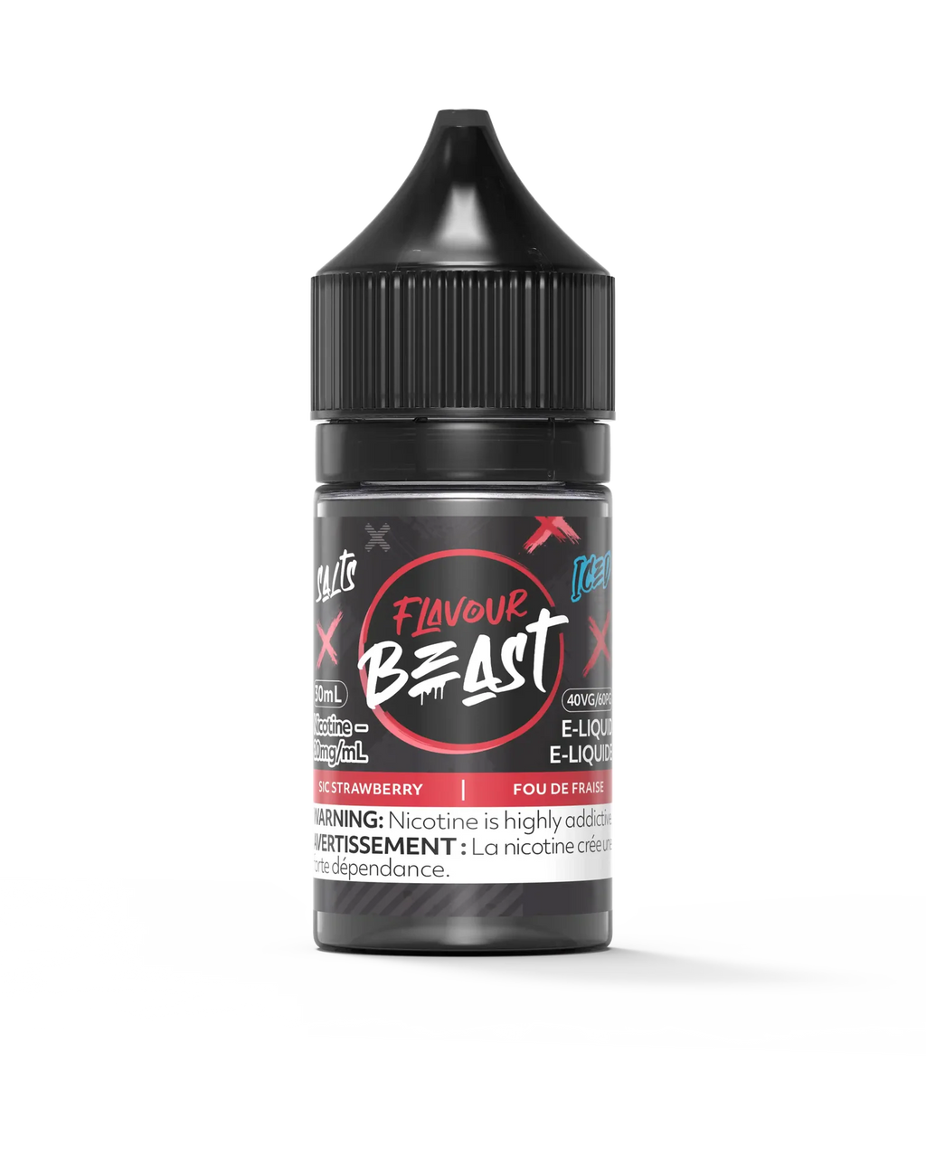 Flavour Beast Salt Sic Strawberry Iced 30mL e-liquid bottle with black cap and red/black label.