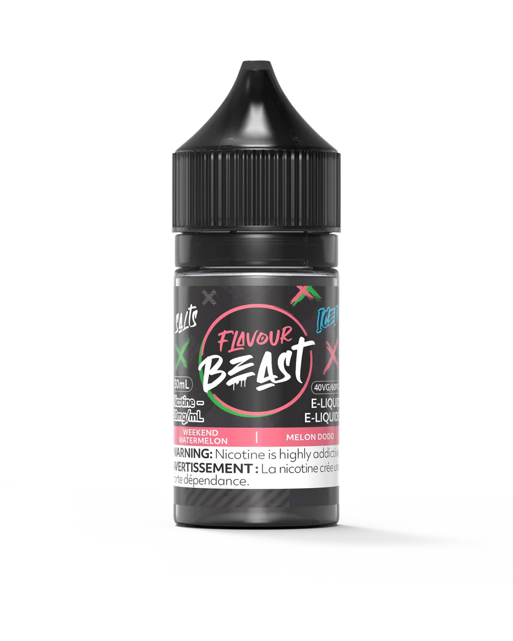 Flavour Beast Salt Weekend Watermelon Iced 30mL e-liquid bottle with black cap and pink label.