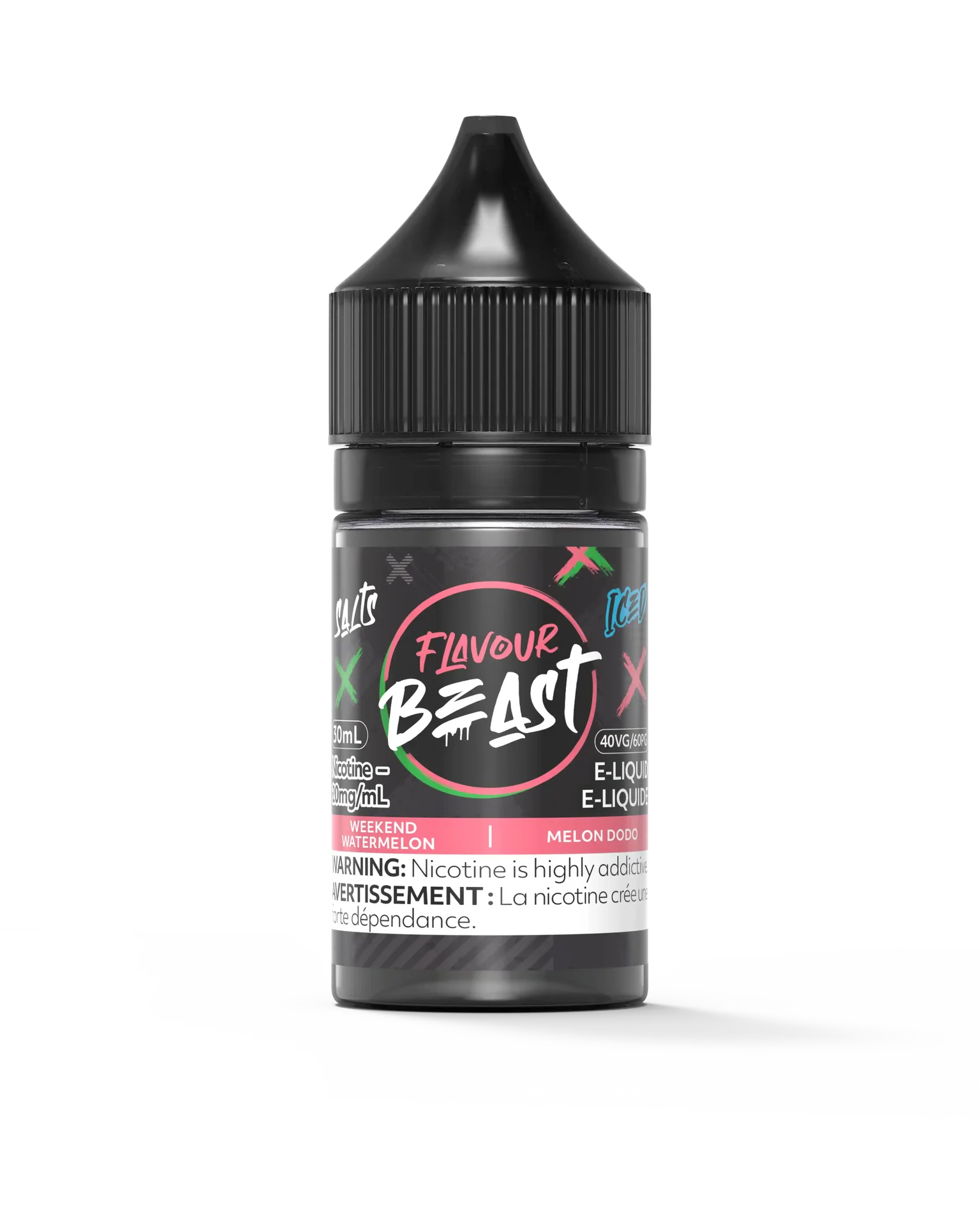 Flavour Beast Salt Weekend Watermelon Iced 30mL e-liquid bottle with black cap and pink label.