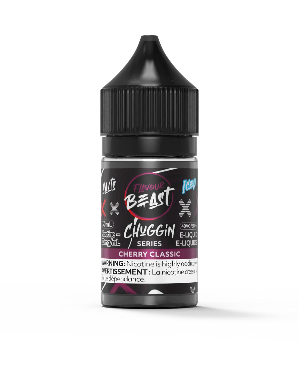 Flavour Beast Chuggin' Series Salt Cherry Classic Iced 30mL e-liquid bottle with black cap.