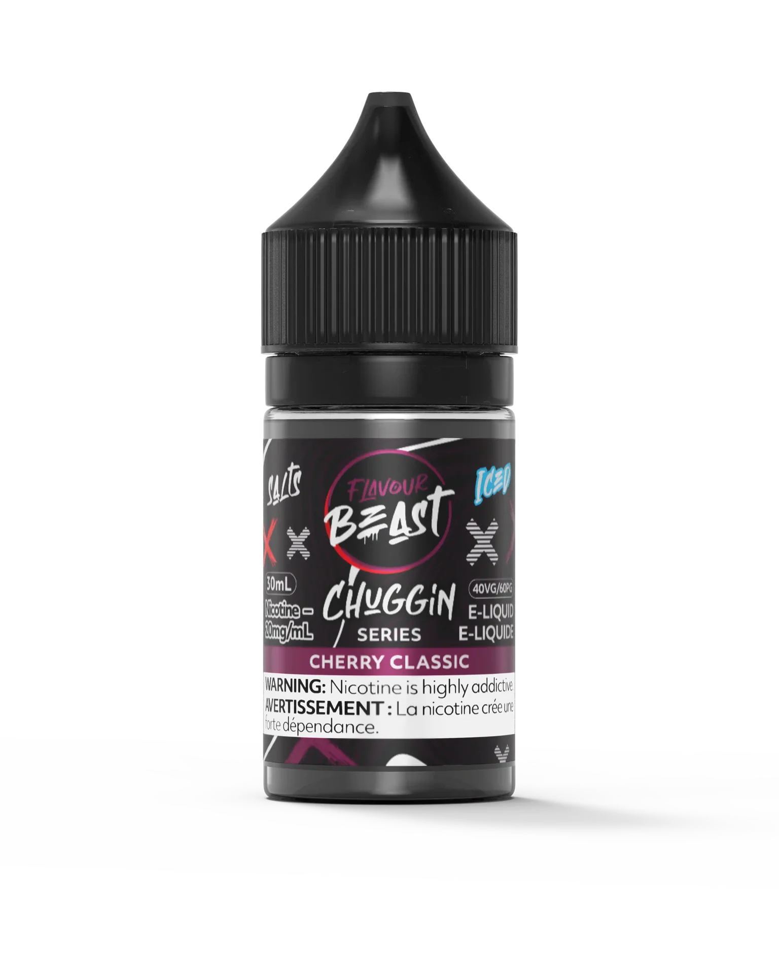 Flavour Beast Chuggin' Series Salt Cherry Classic Iced 30mL e-liquid bottle with black cap.