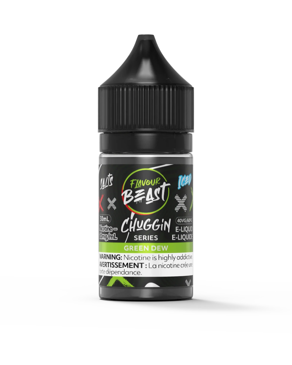 Green Dew Iced Flavour Beast Chuggin' Series 30mL salt nicotine e-liquid bottle with black cap.