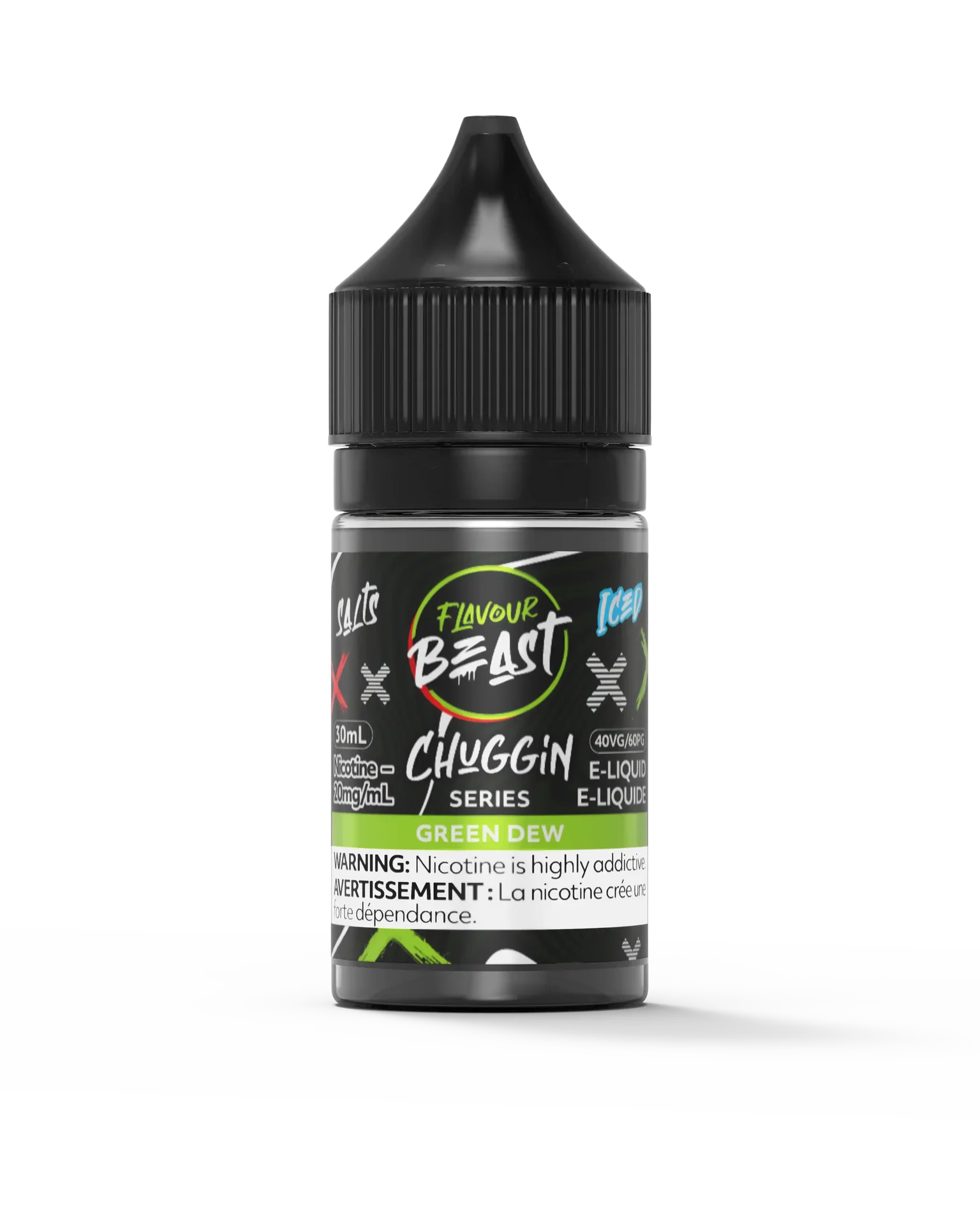 Green Dew Iced Flavour Beast Chuggin' Series 30mL salt nicotine e-liquid bottle with black cap.