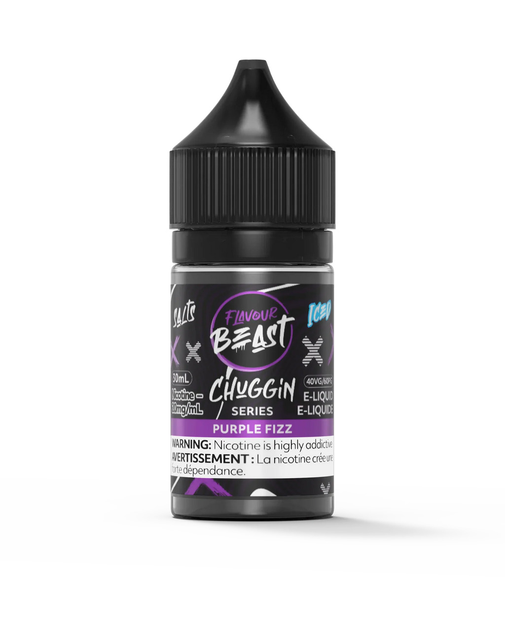 Flavour Beast Chuggin' Series Salt Purple Fizz Iced 30mL e-liquid bottle with black cap and purple label.