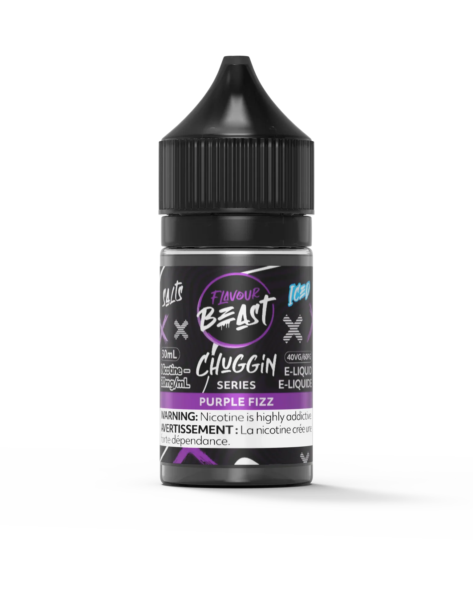 Flavour Beast Chuggin' Series Salt Purple Fizz Iced 30mL e-liquid bottle with black cap and purple label.