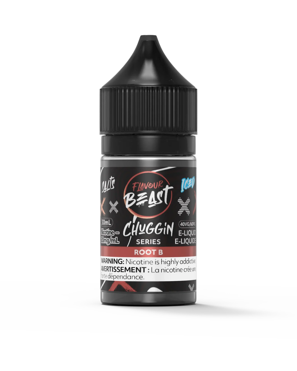 Flavour Beast Chuggin' Series Salt Root B Iced 30mL e-liquid bottle with black cap and label.