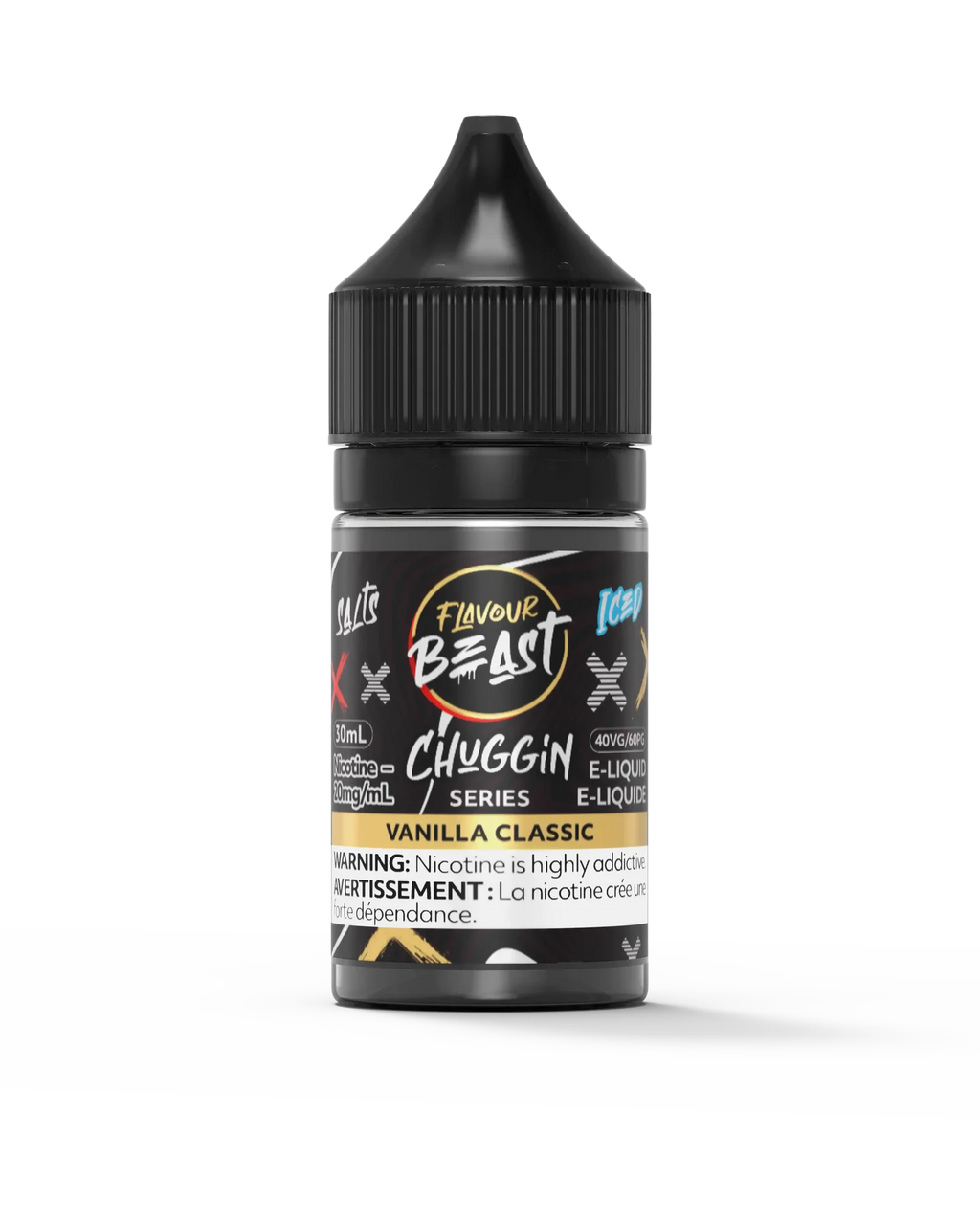 Flavour Beast Chuggin' Series Salt Vanilla Classic Iced 30mL e-liquid bottle with black cap and label.