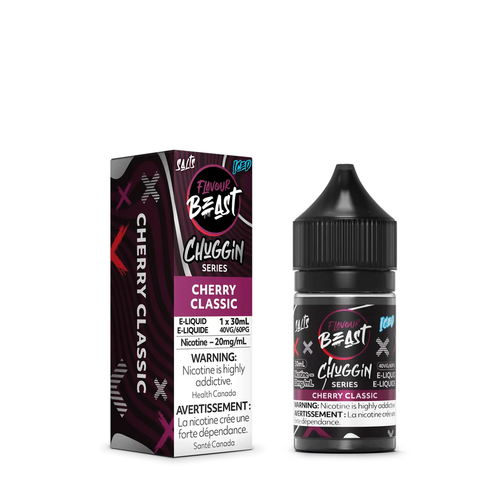 Flavour Beast Chuggin' Series Salt Cherry Classic Iced 30mL e-liquid bottle and box.