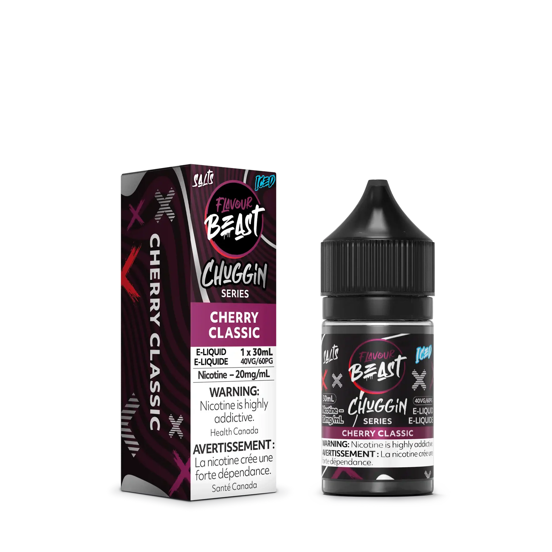 Flavour Beast Chuggin' Series Salt Cherry Classic Iced 30mL e-liquid bottle and box.