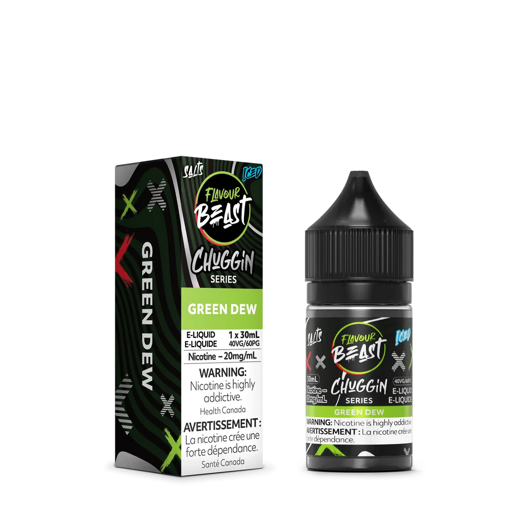 Green Dew Iced Flavour Beast Chuggin' Series 30mL salt nicotine e-liquid bottle and matching green, black, and white box.