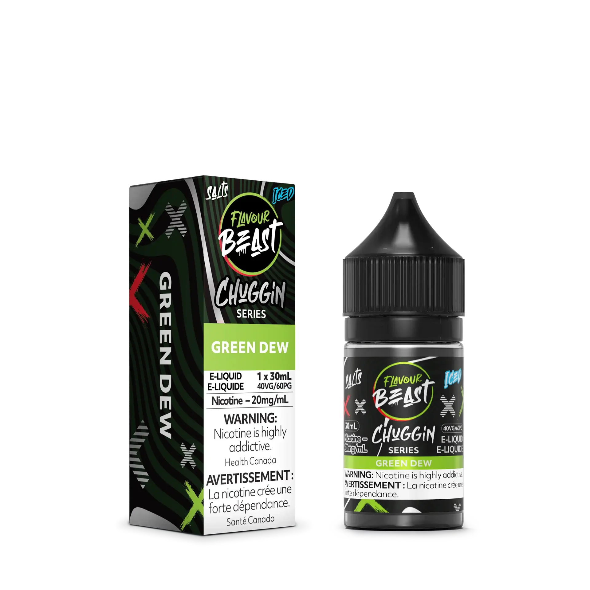 Green Dew Iced Flavour Beast Chuggin' Series 30mL salt nicotine e-liquid bottle and matching green, black, and white box.