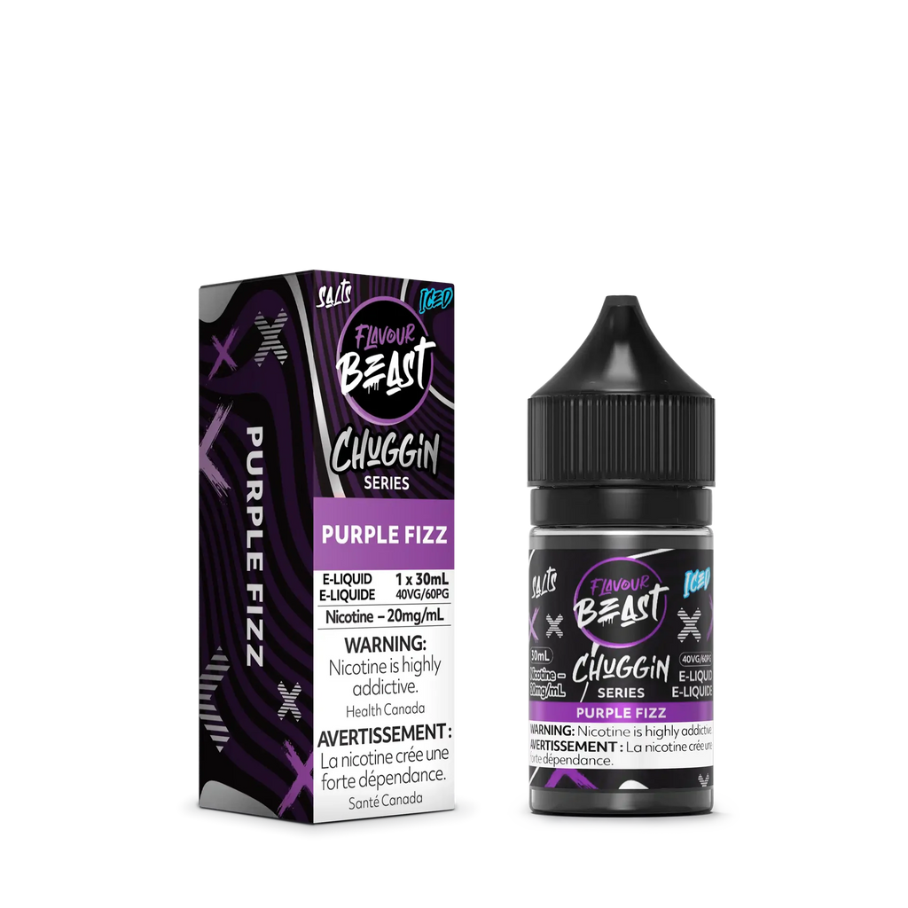 Purple Fizz Iced Flavour Beast Chuggin' Series 30mL salt nicotine e-liquid bottle and matching box.