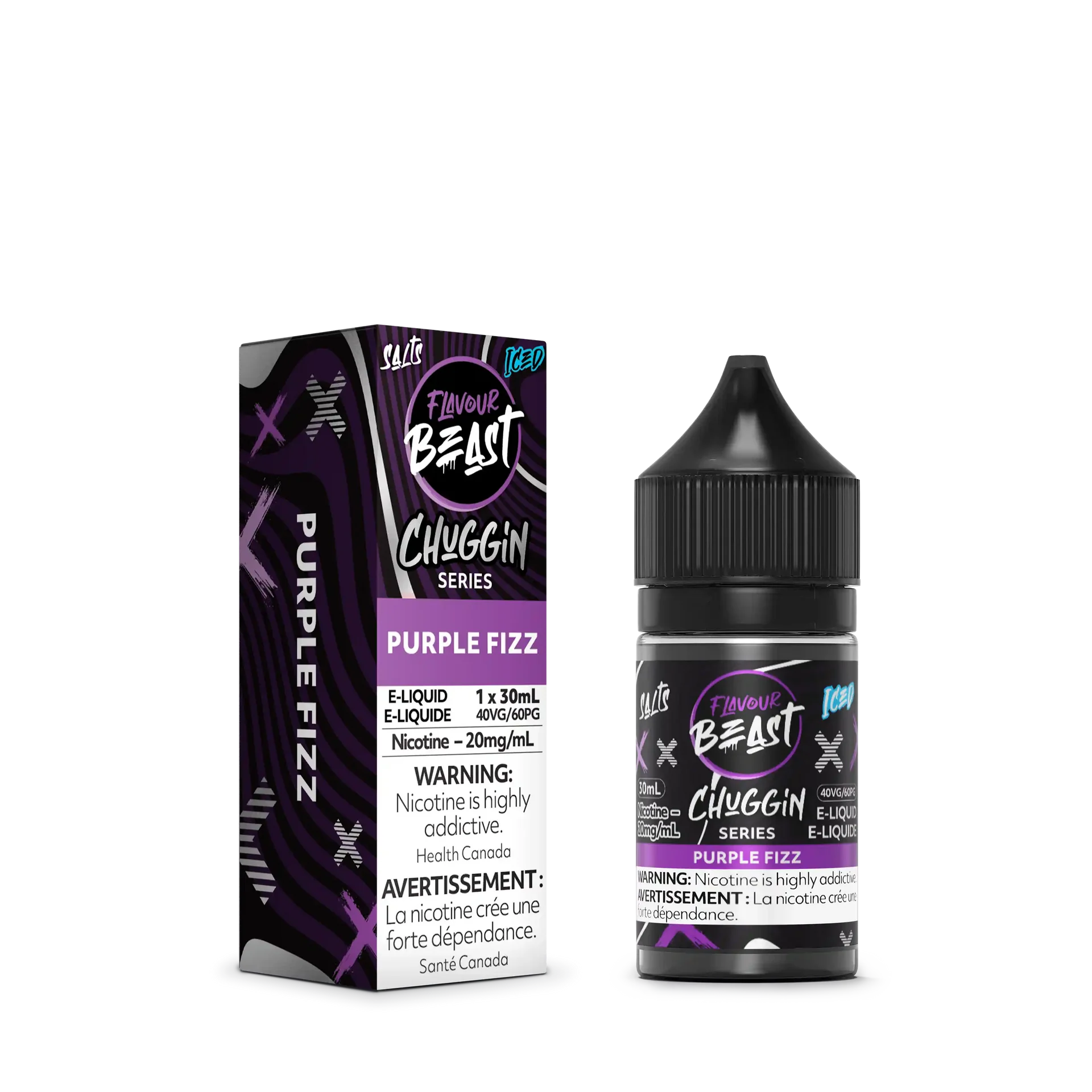 Purple Fizz Iced Flavour Beast Chuggin' Series 30mL salt nicotine e-liquid bottle and matching box.