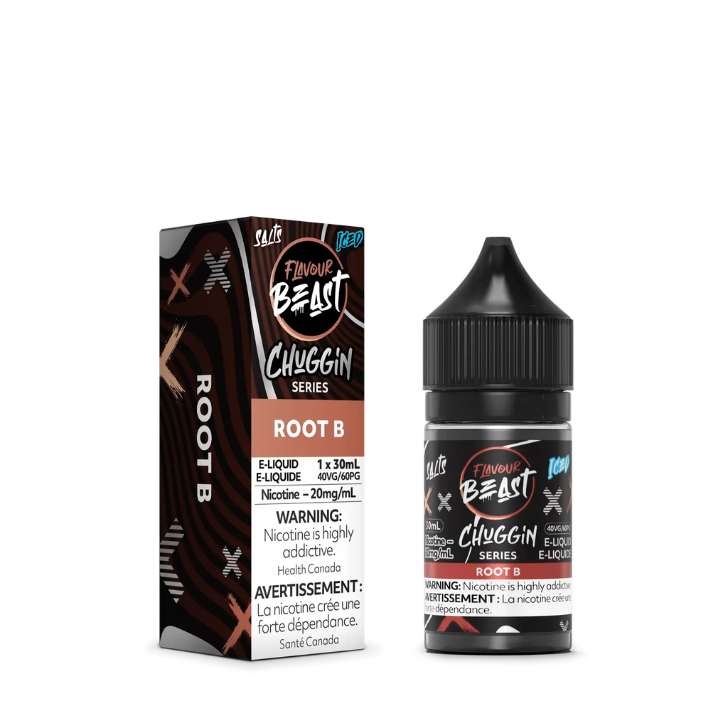 Flavour Beast Chuggin' Series Root B Iced salt nicotine e-liquid bottle and matching box.