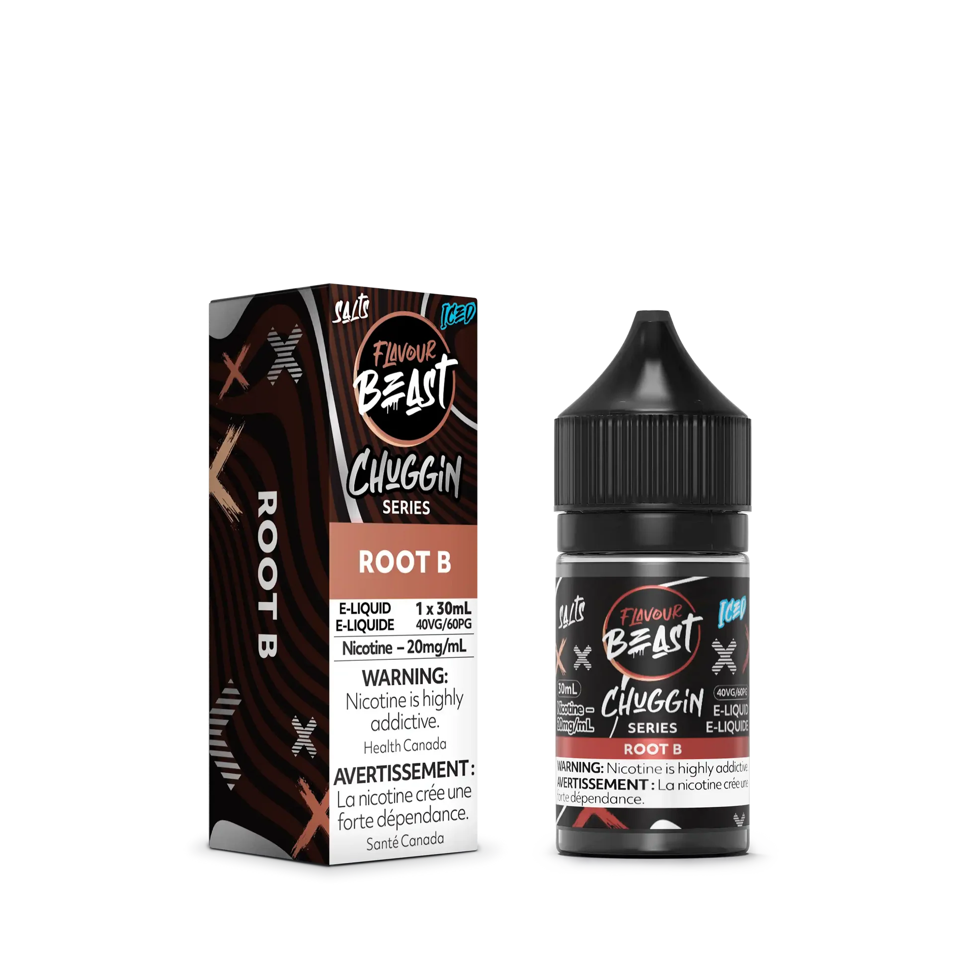Flavour Beast Chuggin' Series Root B Iced salt nicotine e-liquid bottle and matching box.