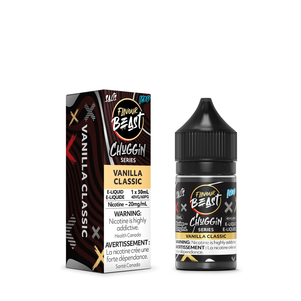 Flavour Beast Chuggin' Series Vanilla Classic Iced salt nicotine e-liquid, 30mL bottle and matching box.