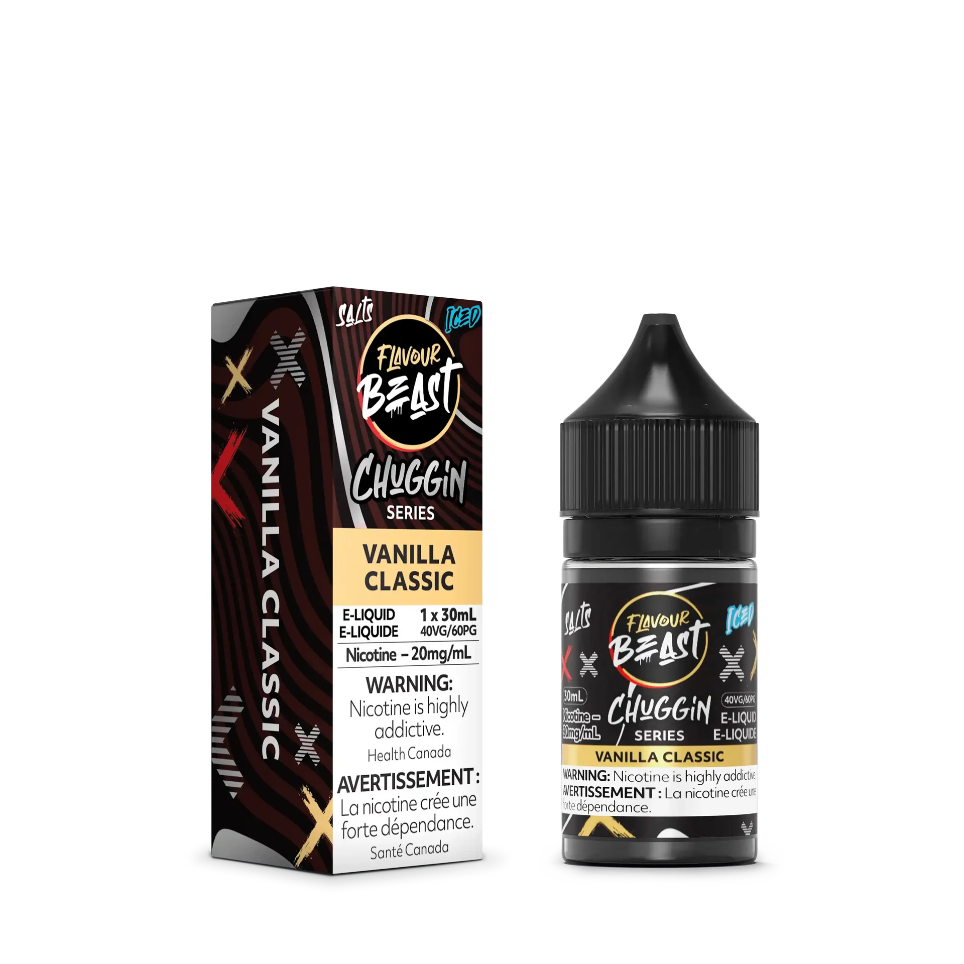 Flavour Beast Chuggin' Series Vanilla Classic Iced salt nicotine e-liquid, 30mL bottle and matching box.