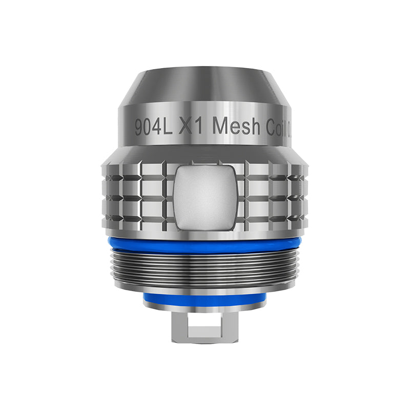 FreeMax 904L X1 Mesh Coil, silver with blue O-rings and textured grip.