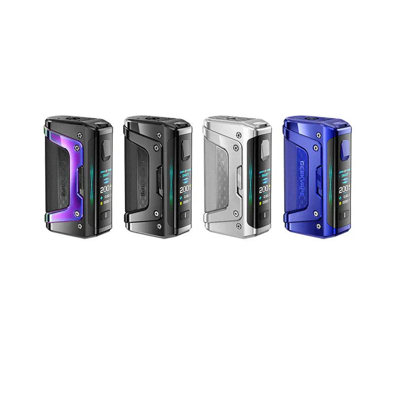 Geekvape Aegis Legend 5 200W Mod in black, silver, and blue, showcasing its durable design.