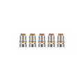 Five silver and orange Geekvape Aegis Boost Pro replacement coils arranged in a row.