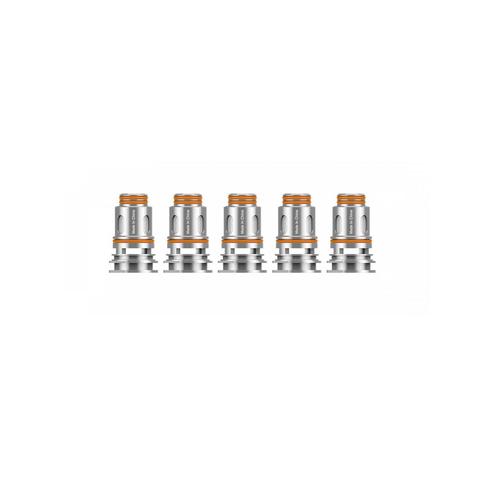 Five silver and orange Geekvape Aegis Boost Pro replacement coils arranged in a row.