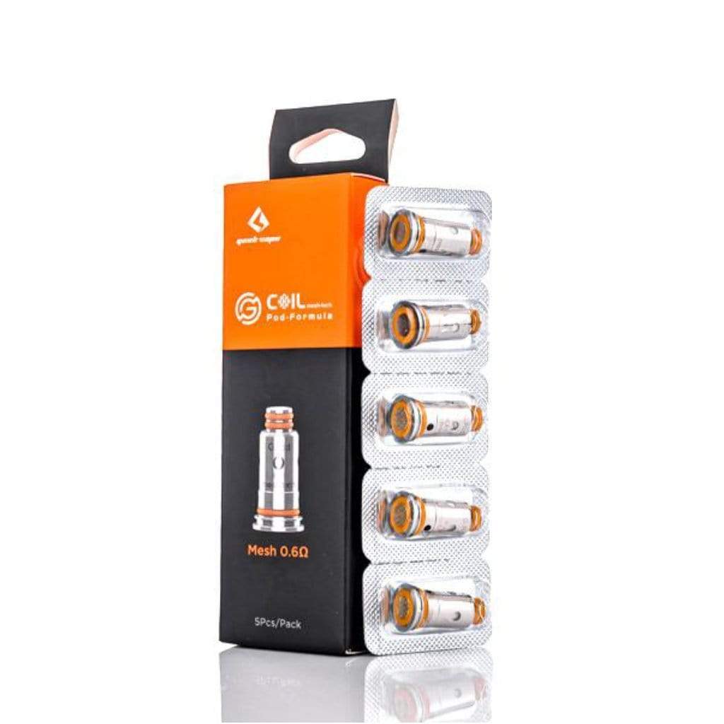 Geekvape Aegis Pod/Wenax G replacement coils, 5-pack, 0.6Ω mesh, in orange and black packaging.