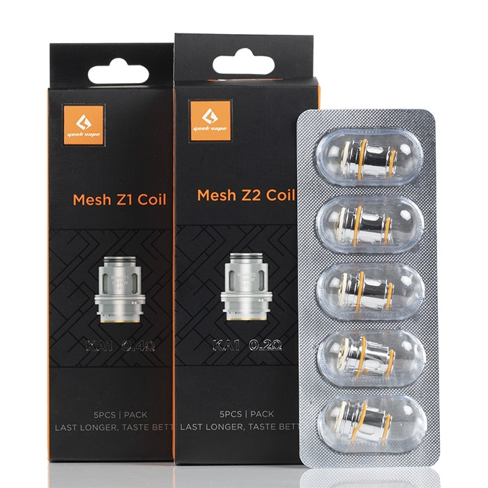 Geekvape Mesh Z1 and Z2 replacement coils, 5-pack, with silver and orange accents.