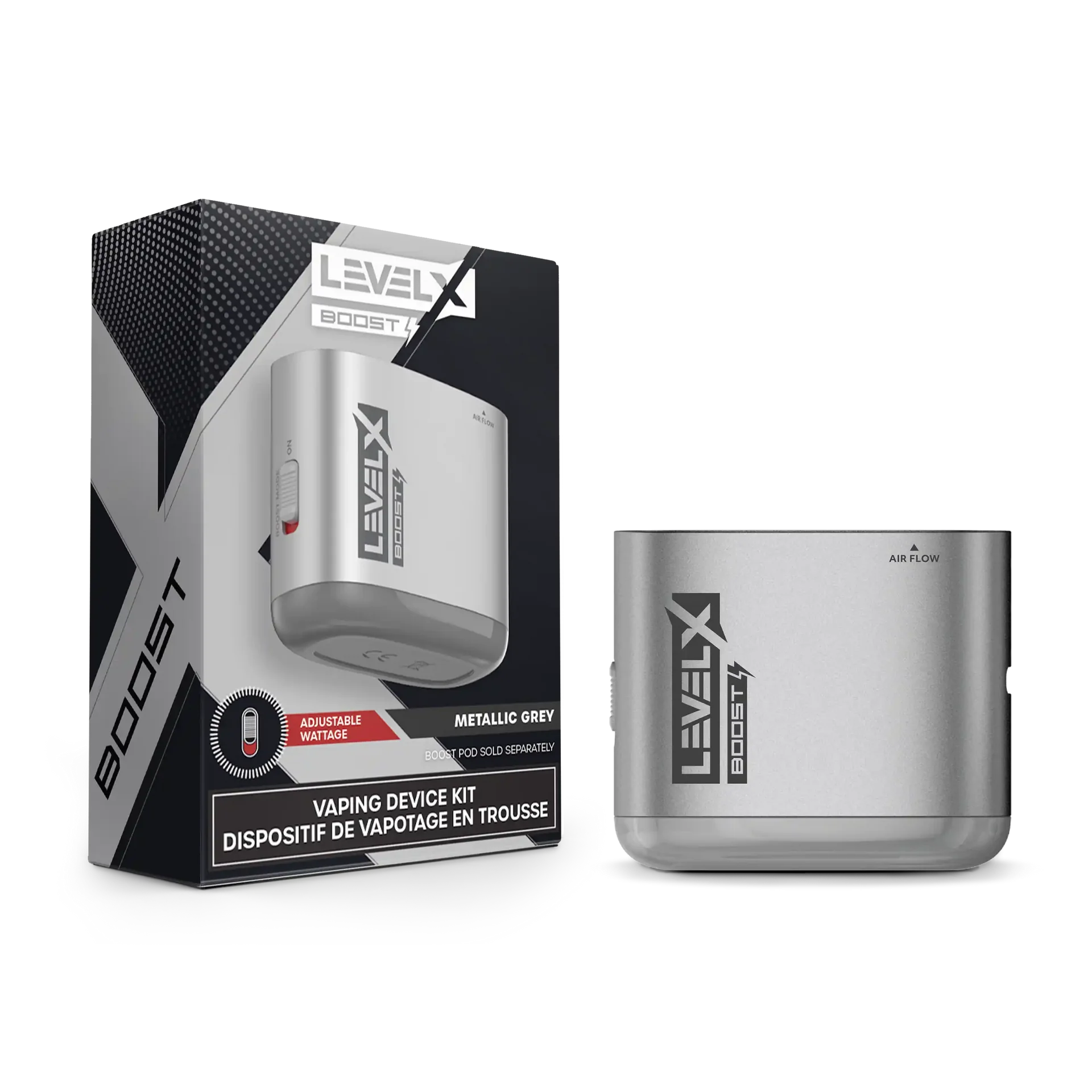 Metallic grey Level X Boost G1 device with adjustable wattage, next to its packaging.