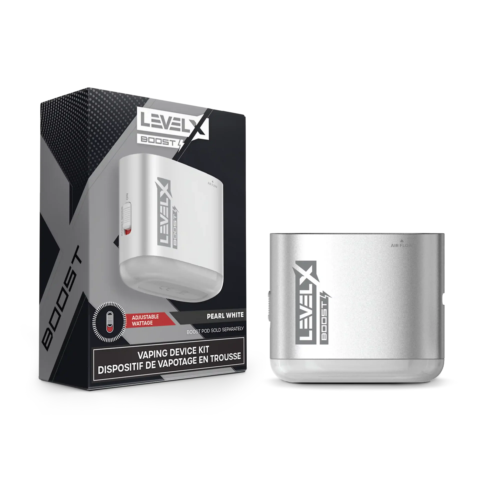 Level X Boost G1 device kit in pearl white, showing the compact device and its packaging.