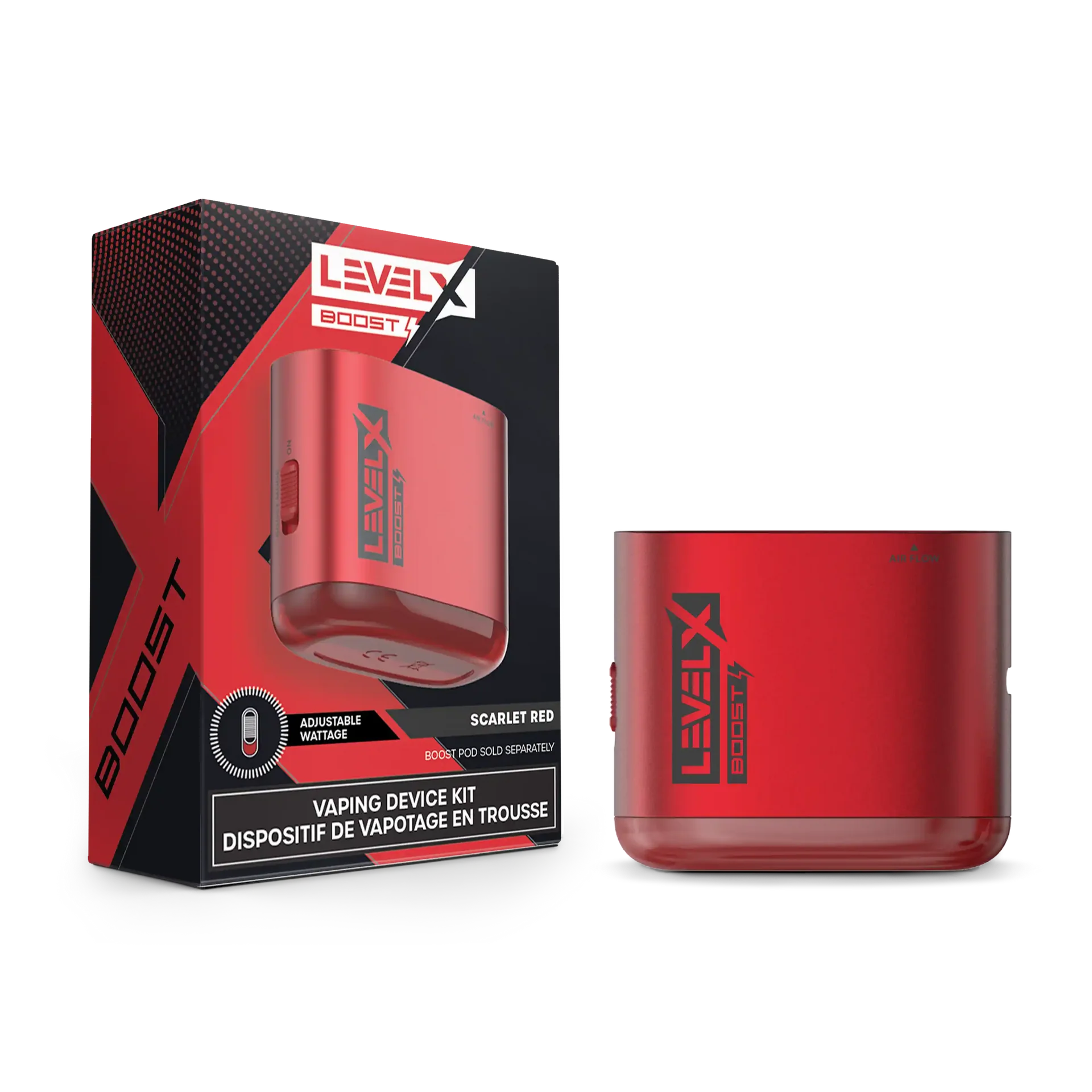Level X G1 Boost vaping device kit in scarlet red, with an 850mAh rechargeable battery and Type-C USB.