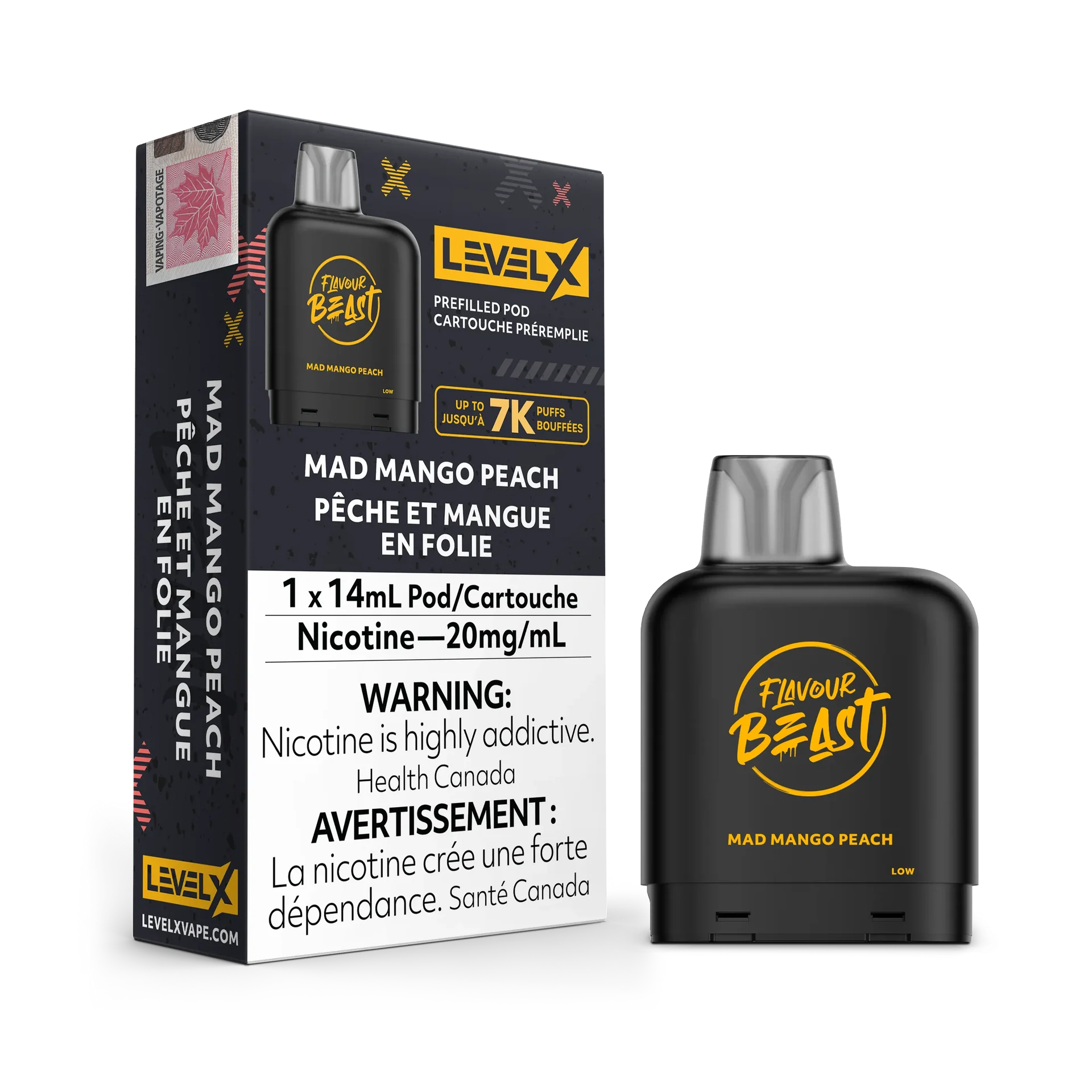 Black Level X Flavour Beast Pod in Mad Mango Peach, 14mL, with matching box.